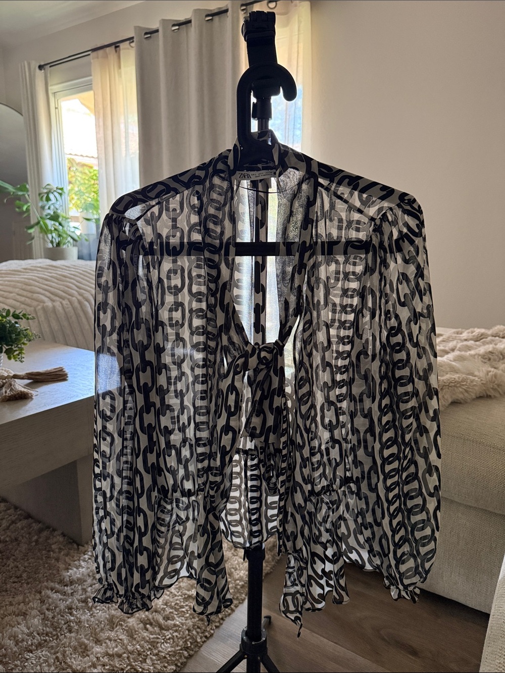 Zara Black & White Chain-Print Tie-Neck Sheer Blouse